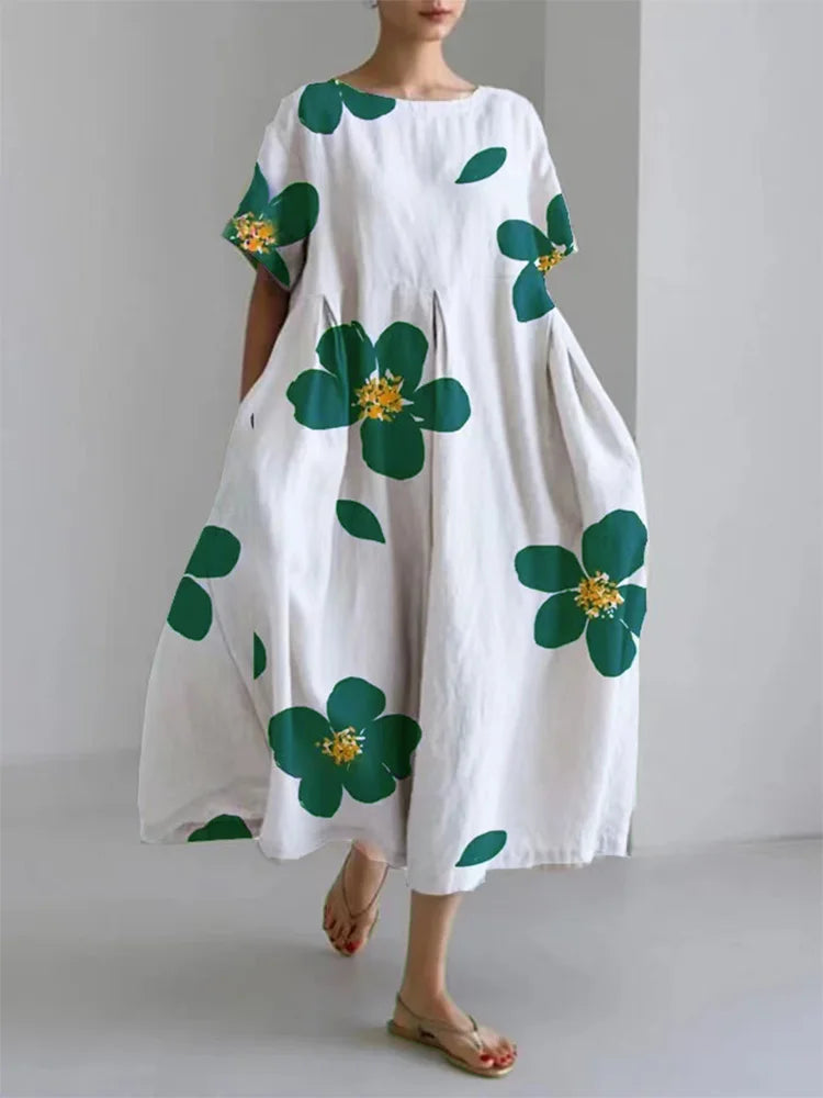 Floral Print Round Neck Short Sleeve Loose Midi Dress