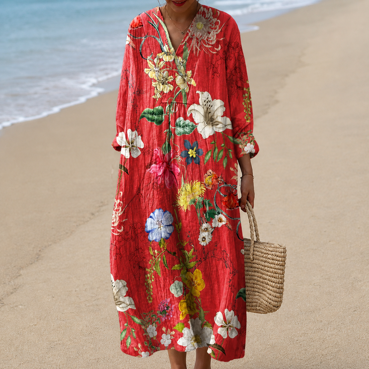 Floral Drawstring V-Neck Long Sleeve Maxi Dress