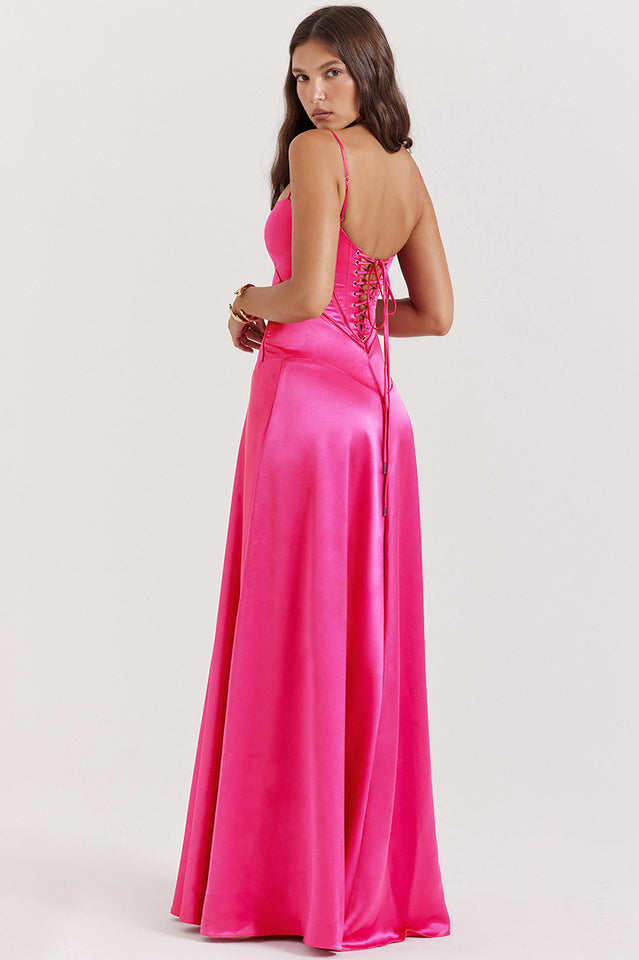 Anabella Black Lace Up Maxi Dress in Fuchsia - View 12