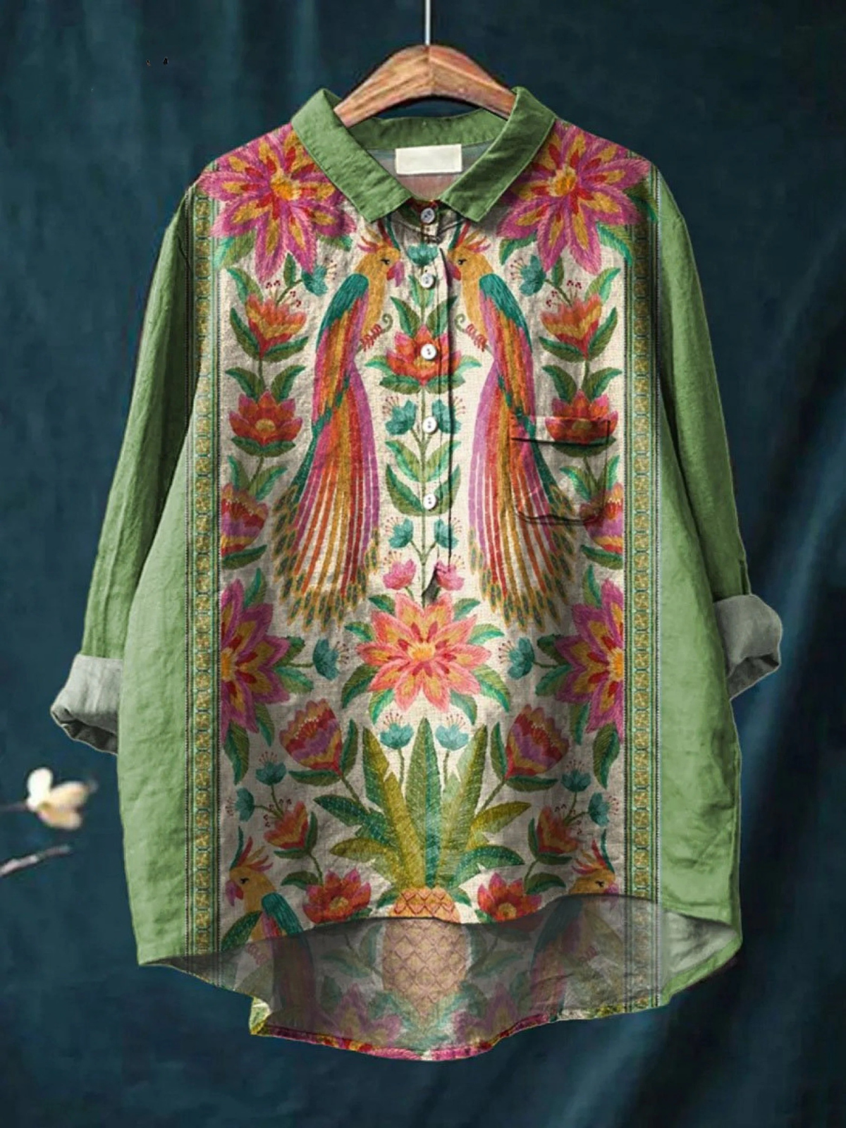 Floral Bird Print Contrast Sleeve High Low Shirt