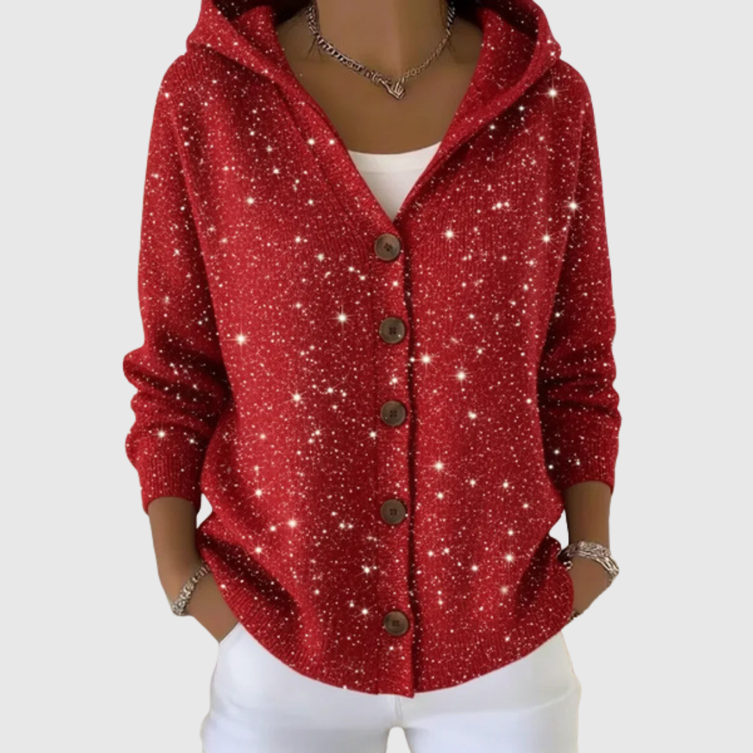 Sequin Hooded Button Front Cardigan