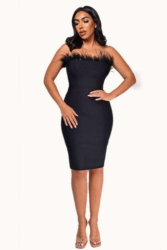 Solid Backless Sleeveless Feather Strapless Bodycon Cocktail Dress - View 3