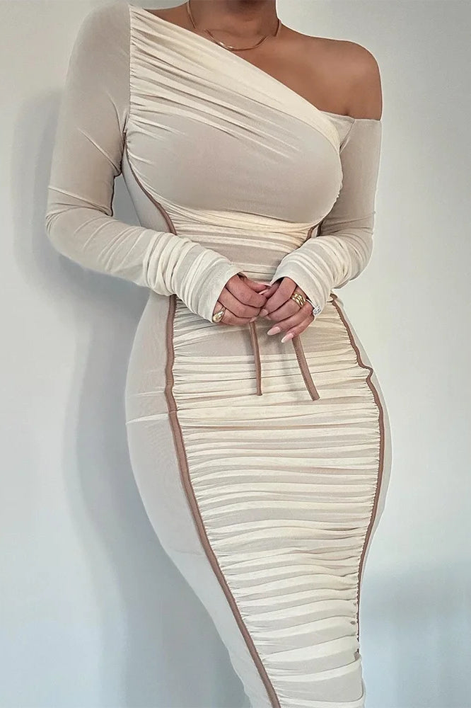 Diagonal Collar Mesh Midi Dress - View 4