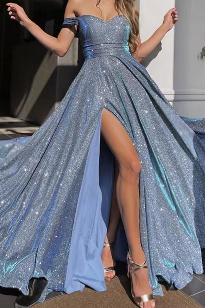 Glitter Off Shoulder Sweetheart High Split A-Line Maxi Gown - View 3