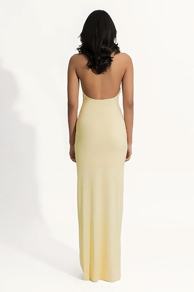 Halter Neck Deep V-Neck Ruffle Applique Bodycon Maxi Prom Dress - View 9