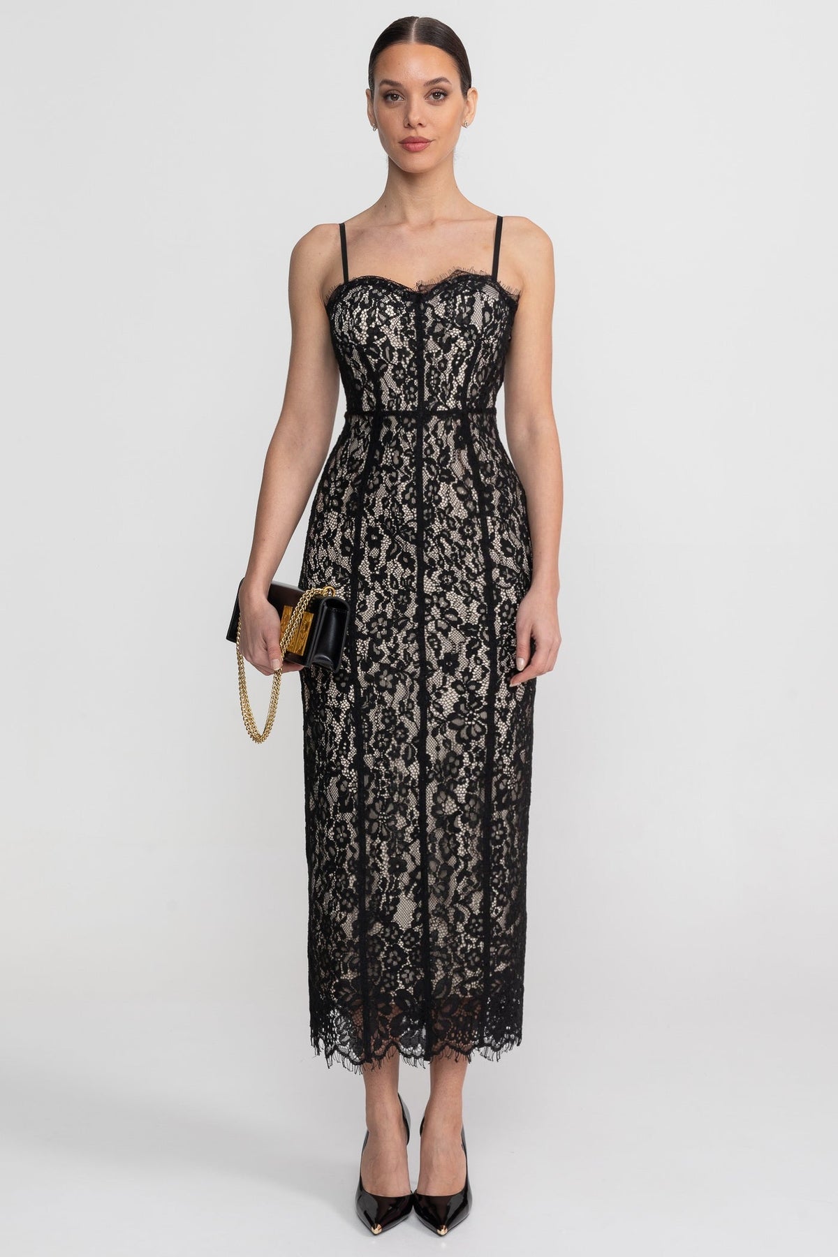 Lace Midi Dress With Sheer Corset Bodice - Black