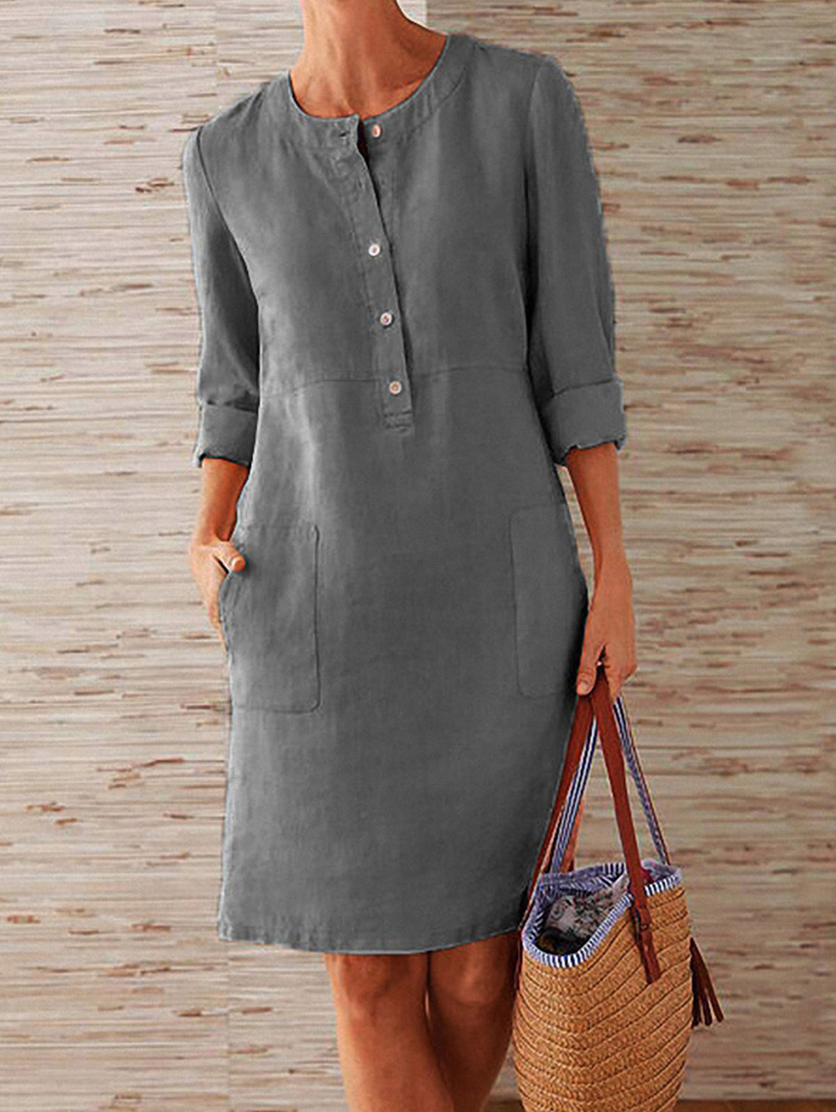 Button Front Round Neck Patch Pocket Three Quarter Shift Dress - View 4
