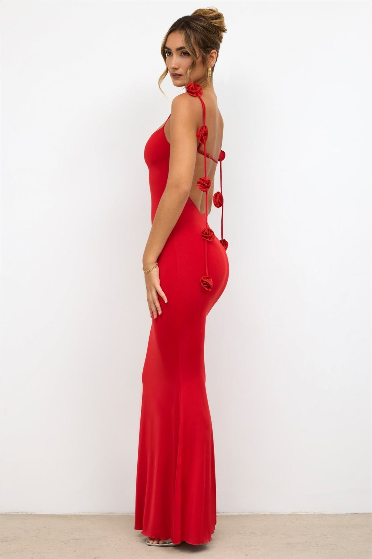 3D Floral Strappy Backless Mermaid Maxi Gown - View 5
