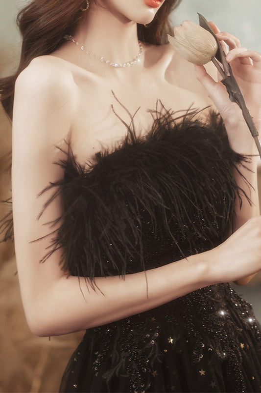Strapless Feather Trim Glitter Tulle A-Line Prom Gown - View 4