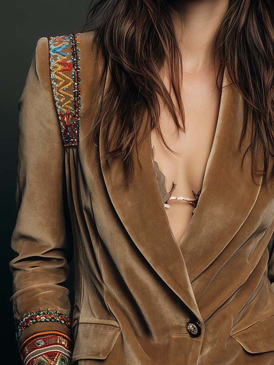 Embroidered Trim Velvet Look Single Button Blazer 6