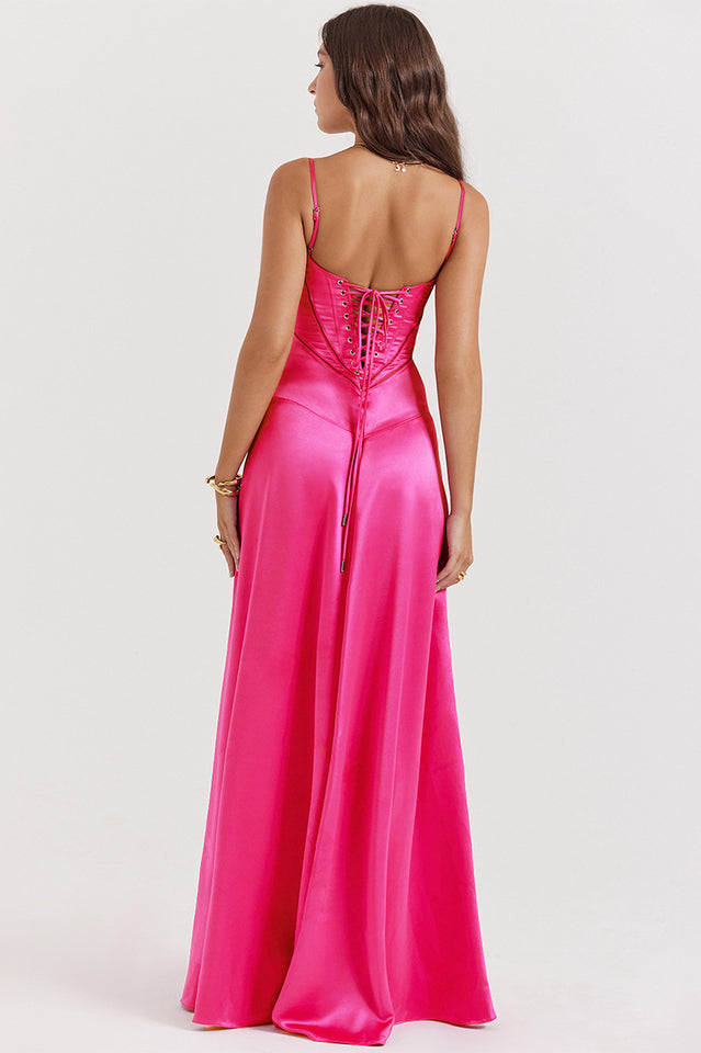 Anabella Black Lace Up Maxi Dress in Fuchsia - View 13