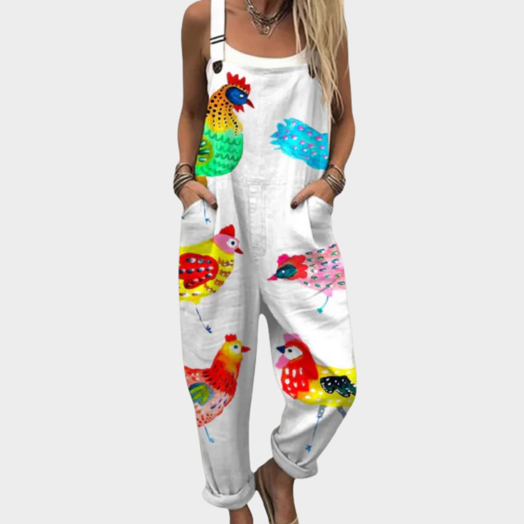 Rooster Print Wide Strap Cuffed Overall Jumpsuit
