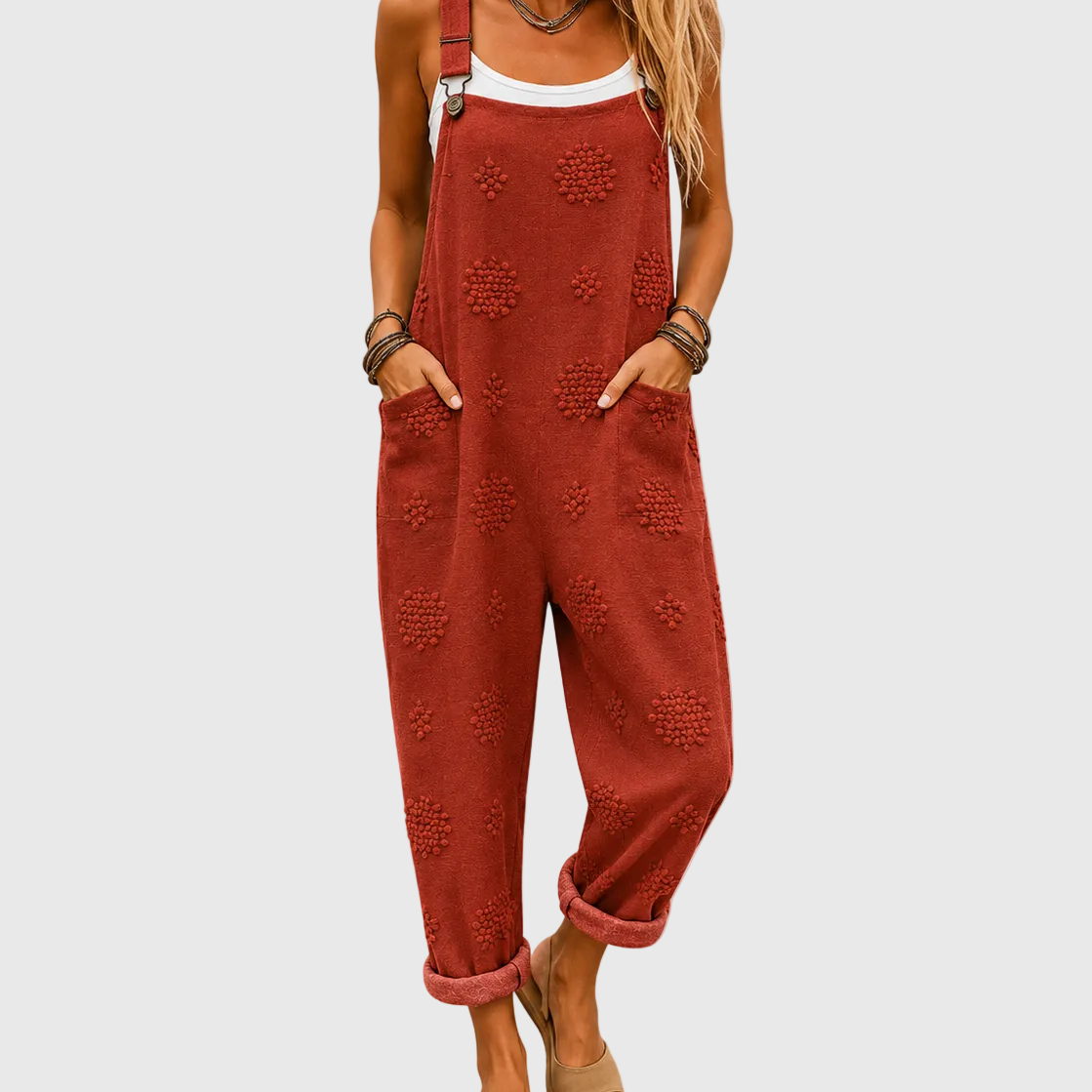 Textured Dot Sleeveless Pocket Overalls Jumpsuit