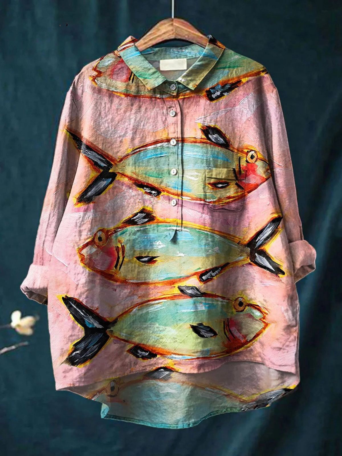 Fish Art Print Long Sleeve Button Front Shirt