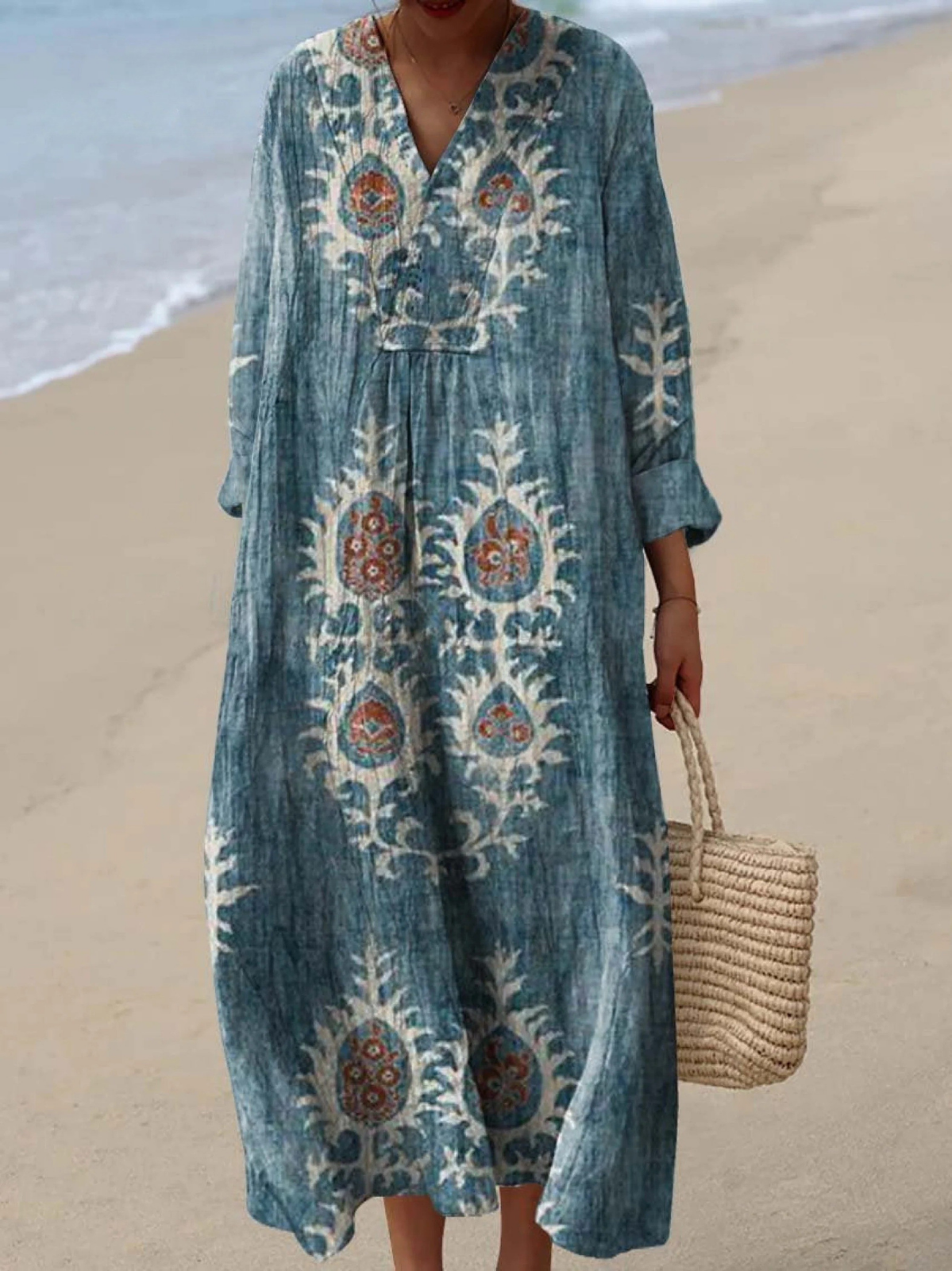 Paisley Print V-Neck Long Sleeve Maxi Dress 4