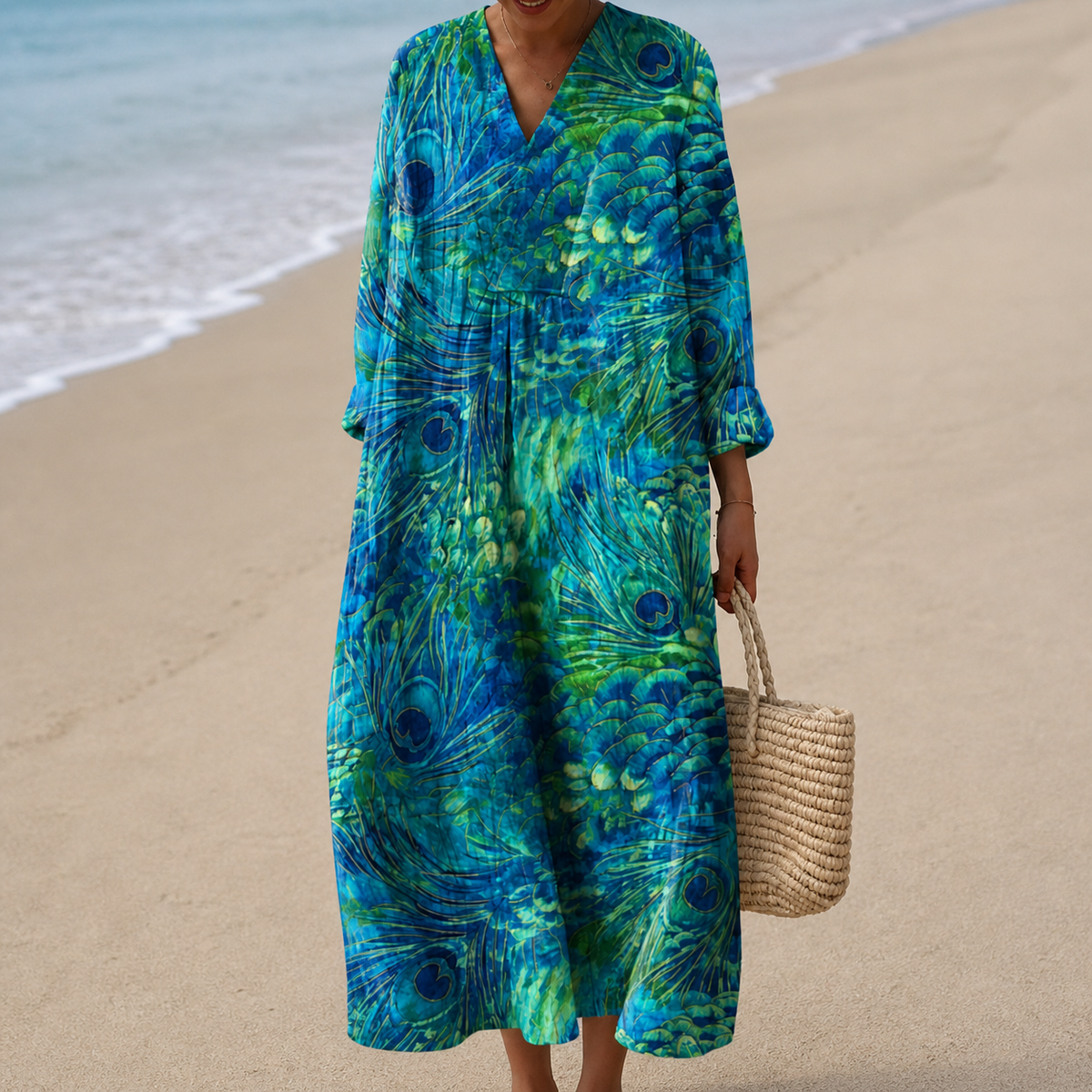 V-Neck Long Sleeve Peacock Feather Print Maxi Dress