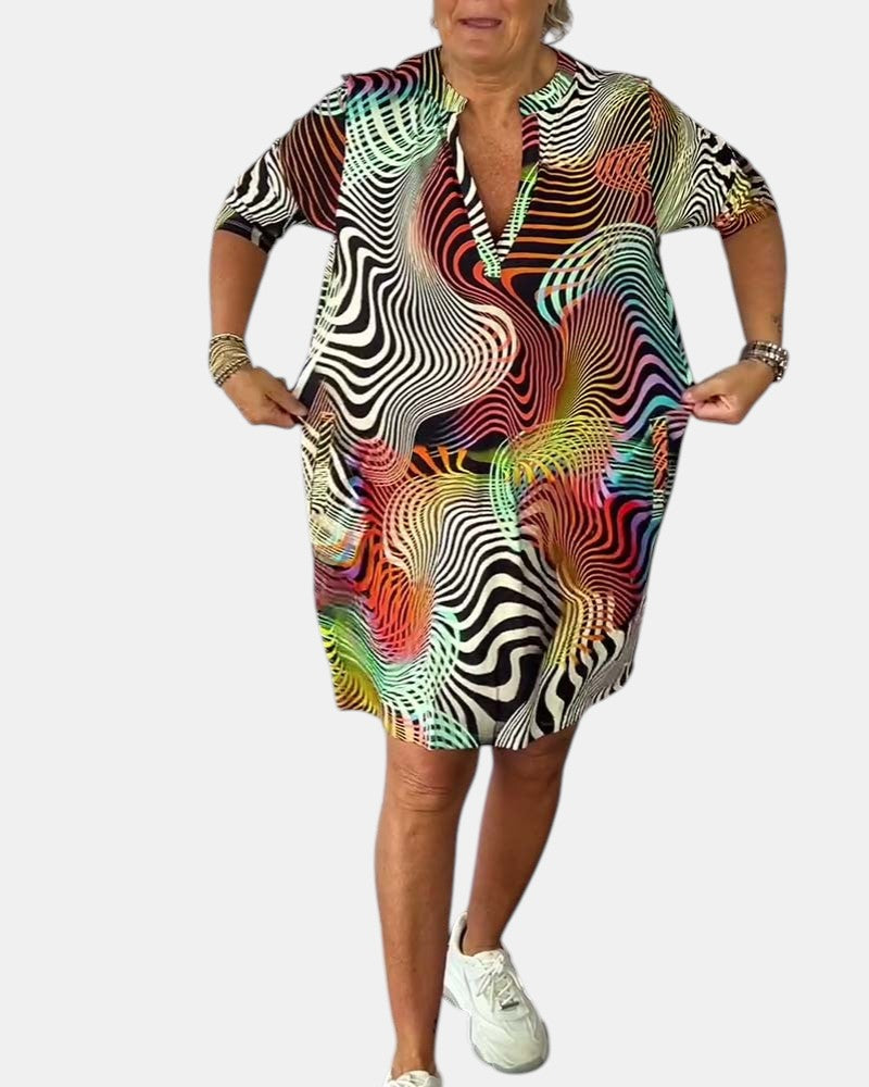 Abstract Print V-Neck Roll Sleeve Shirt Dress 2