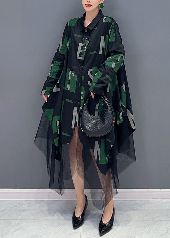 Letter Print Collared Button Down Long Sleeve Tulle Shirt Dress - View 3
