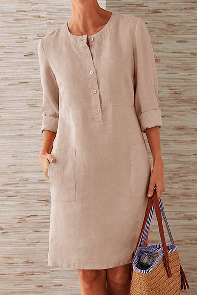 Round Neck Partial Button Patch Pocket Three Quarter Shift Dress - View 2