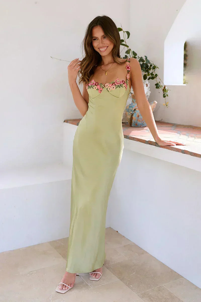 Satin Spaghetti Strap Floral Embroidery Low Back Zip Slit Maxi Gown - View 5