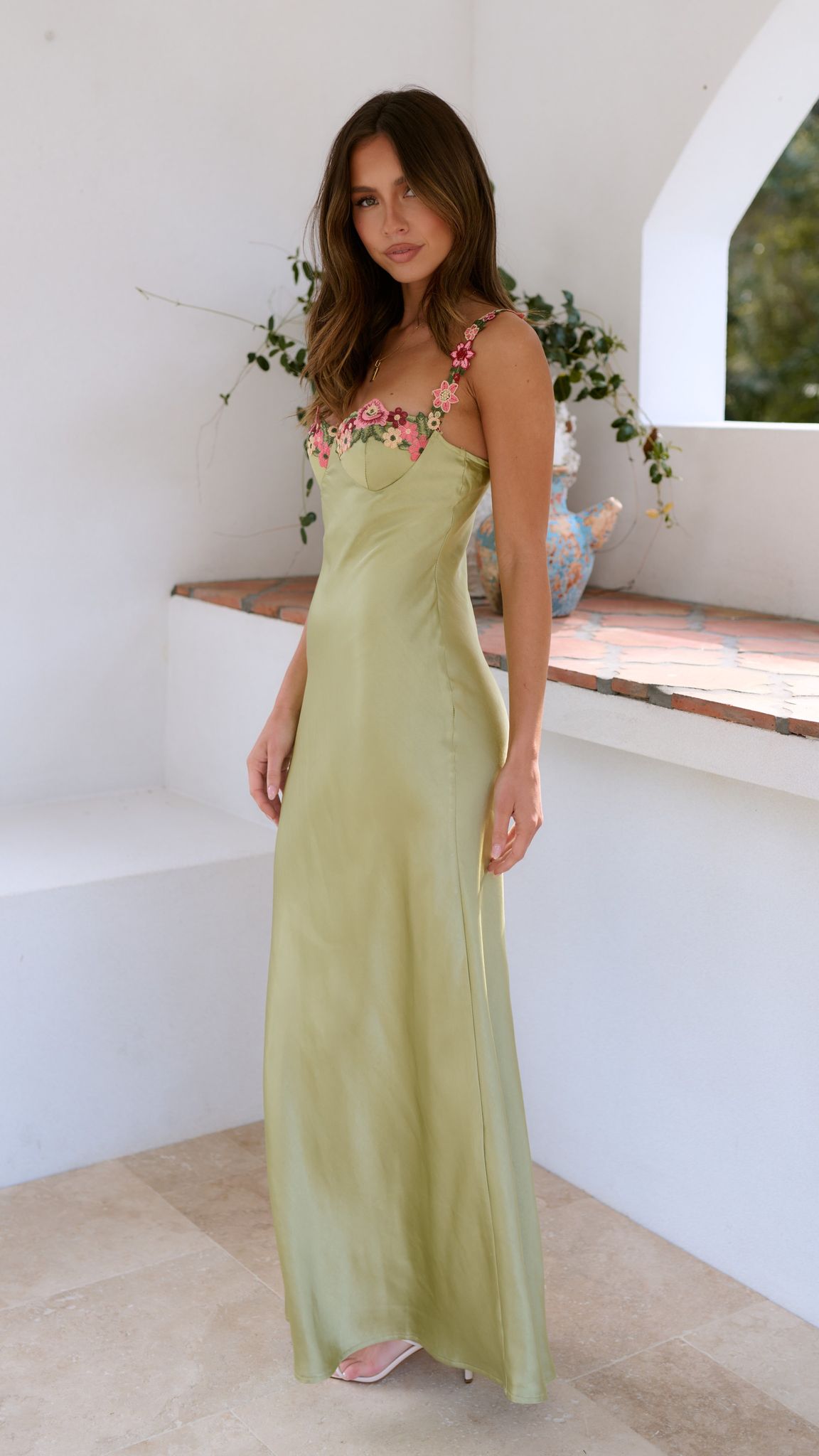 Floral Applique Sweetheart Satin Slip Maxi Dress 3