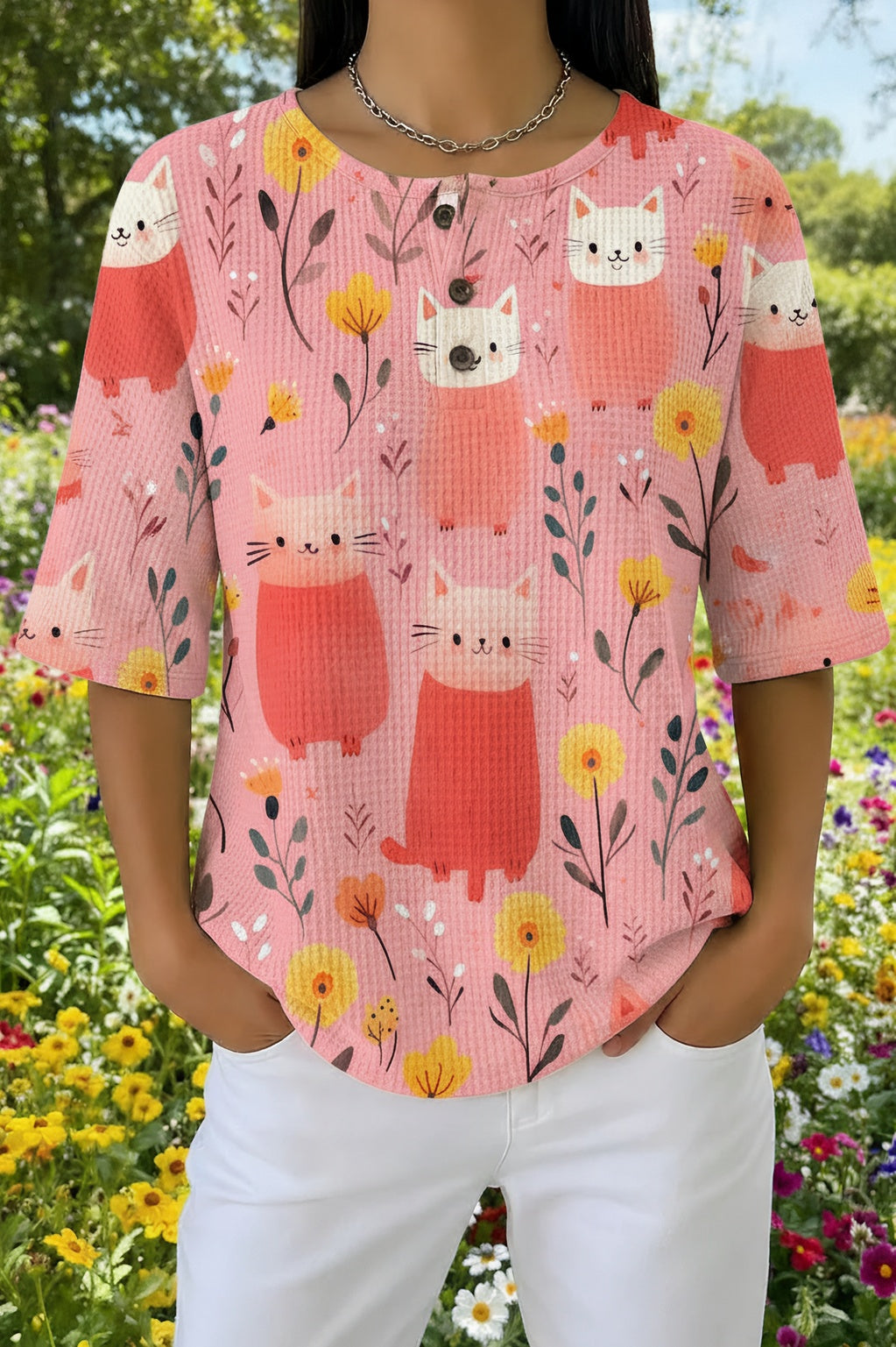Cartoon Cat and Floral Print Short Sleeve Waffle Knit Henley Top