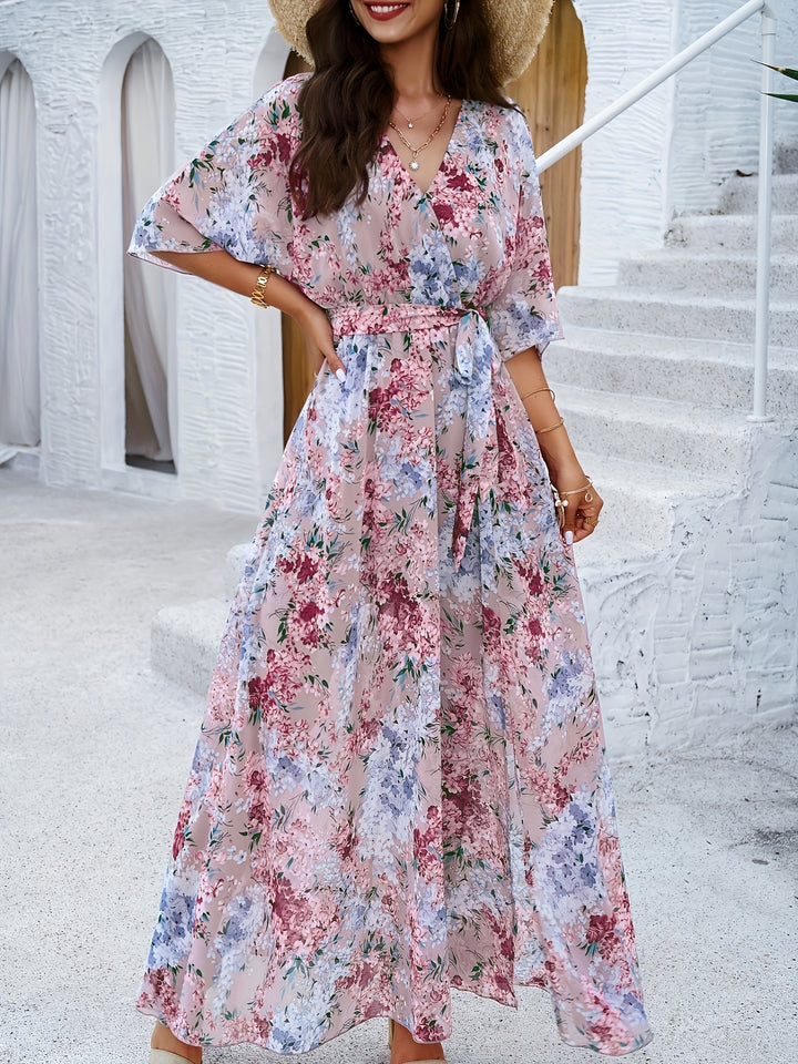 Floral Print V-Neck Short Sleeve Belted High Split Maxi Dress - View 3