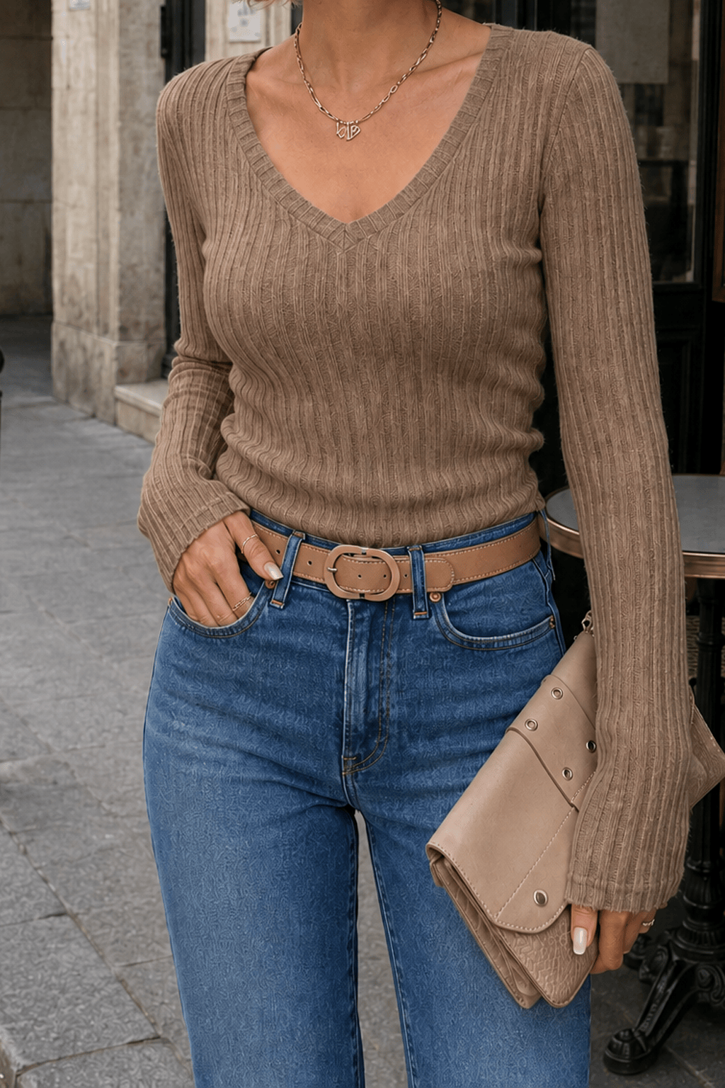 Deep V-Neck Ribbed Top