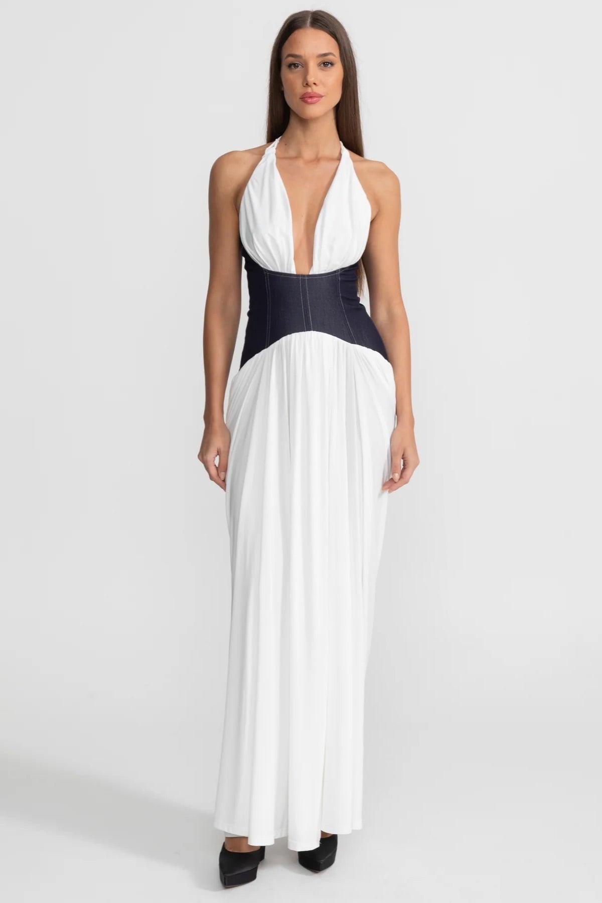 Halter Maxi Dress with Denim Corset Waist – White