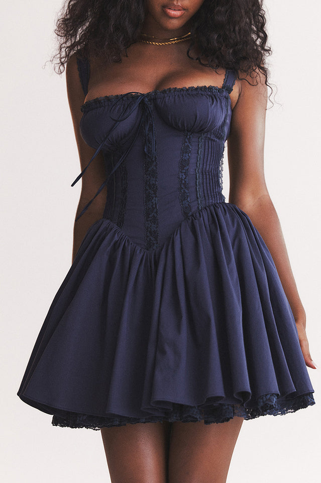 Lace Trim Corset Drop Waist Fit and Flare Mini Dress in Navy - View 5