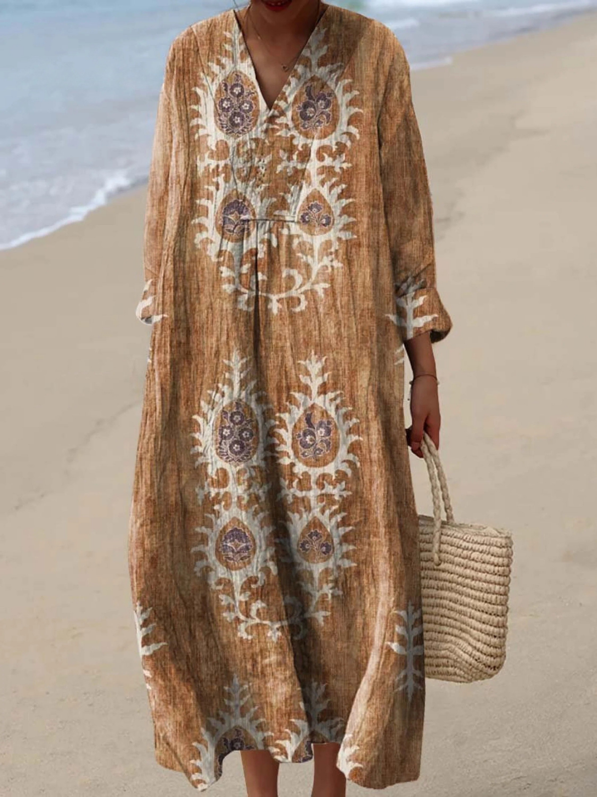 Paisley Print V-Neck Long Sleeve Maxi Dress 3
