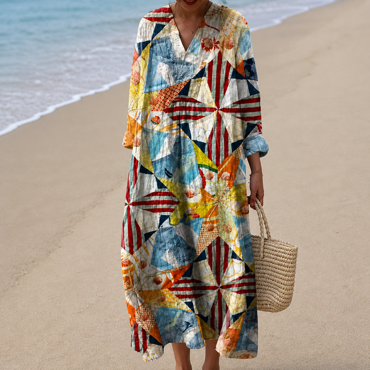 Geometric Patchwork Print V-Neck Long Sleeve Maxi Dress