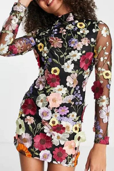 Mock Neck Long Sleeve Floral Embroidered Mesh Bodycon Mini Dress - View 11