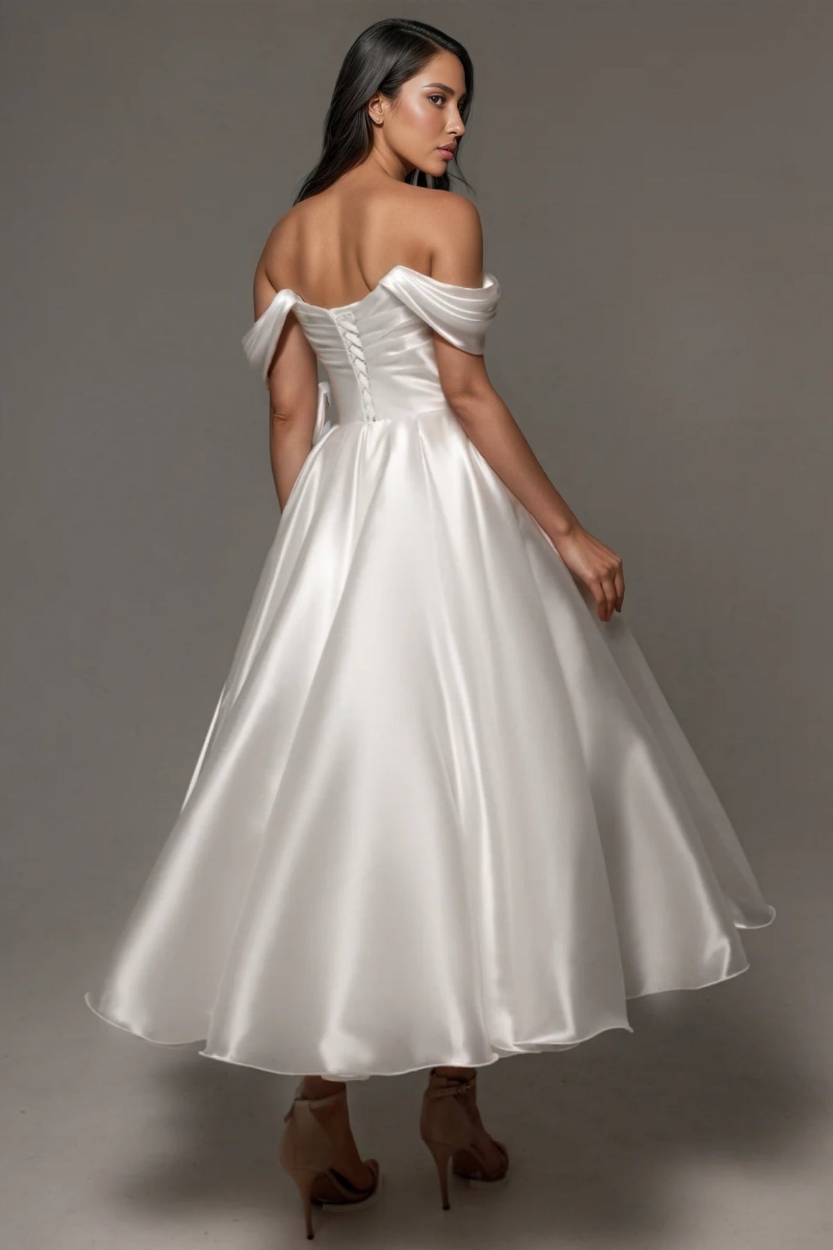 Satin Off Shoulder Ruched Bodice Tea Length A-Line Wedding Gown - View 3