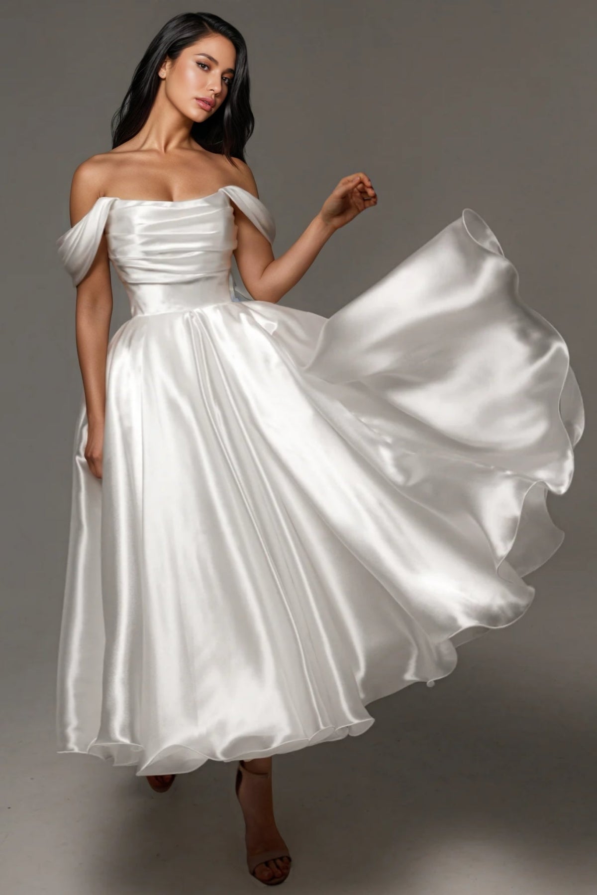 Satin Off Shoulder Ruched Bodice Tea Length A-Line Wedding Gown - View 2