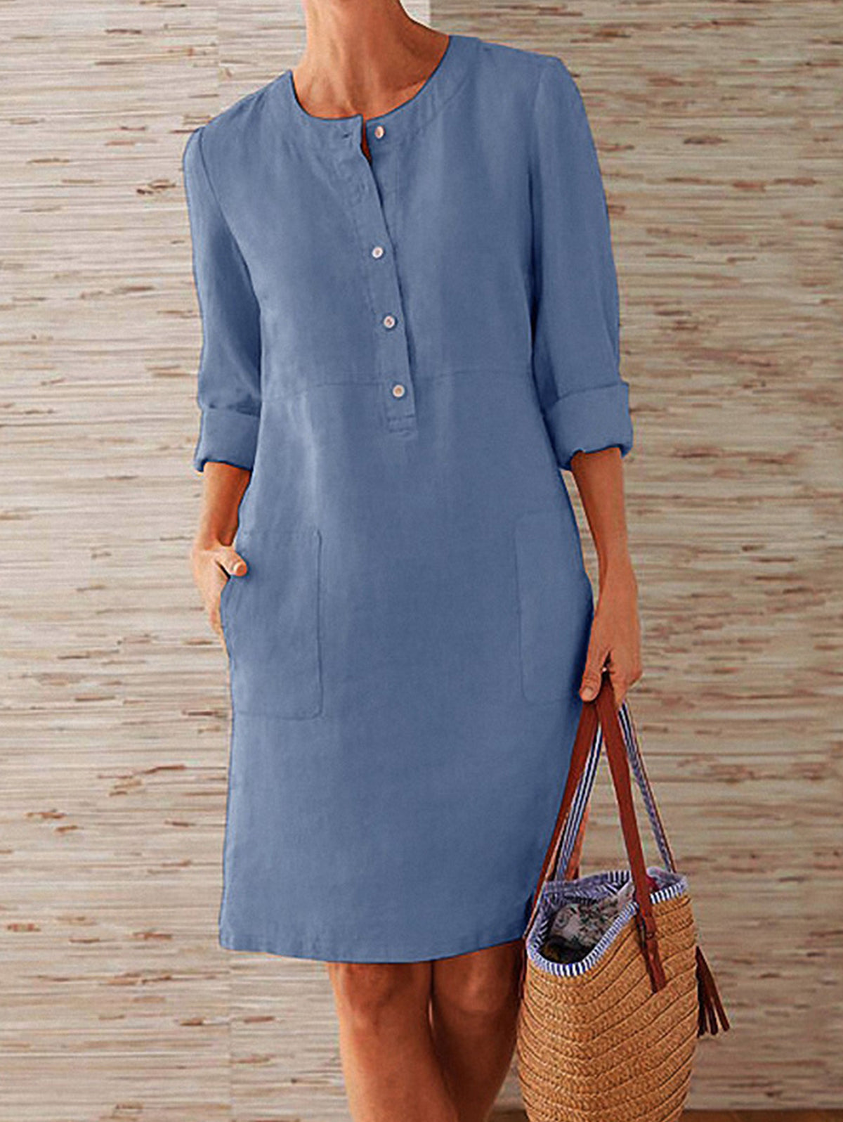Button Front Round Neck Patch Pocket Three Quarter Shift Dress - View 6