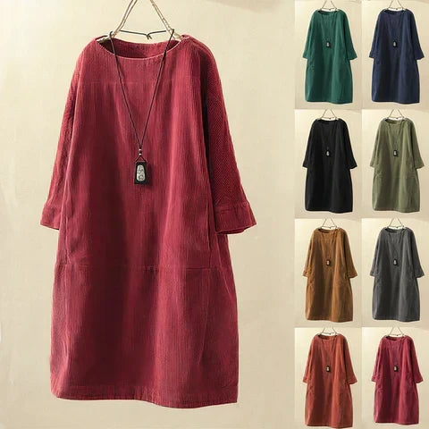 Corduroy Crew Neck Long Sleeve Drop Waist Paneled Shift Midi Dress