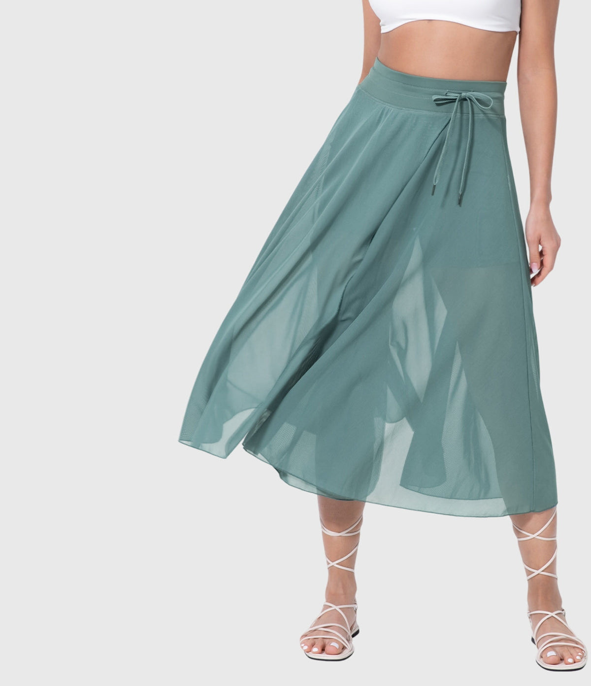 High Waist Drawstring Front Slit A-Line Midi Skirt 2