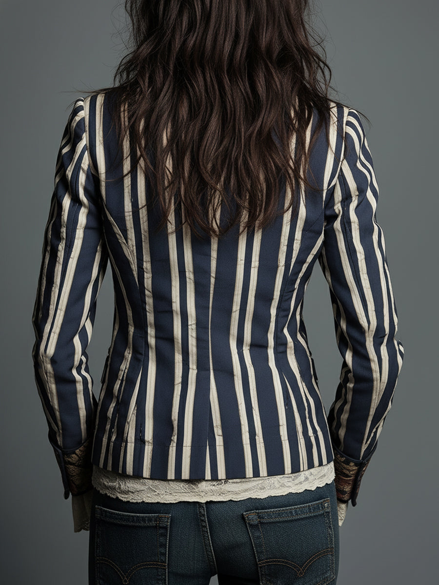 Striped Floral Panel Contrast Lapel Blazer 4