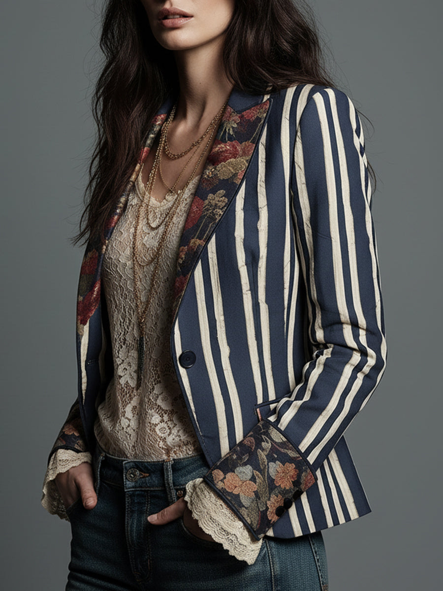 Floral Striped Notch Lapel Single Button Blazer 2