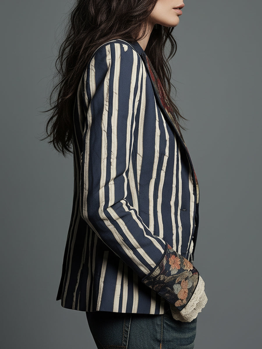 Striped Floral Panel Contrast Lapel Blazer 3