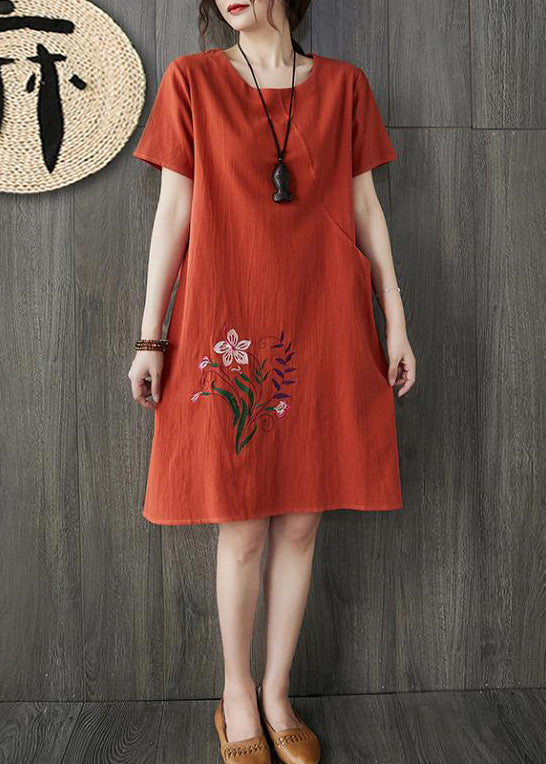 Floral Embroidery Round Neck Short Sleeve Shift Knee Dress - View 3
