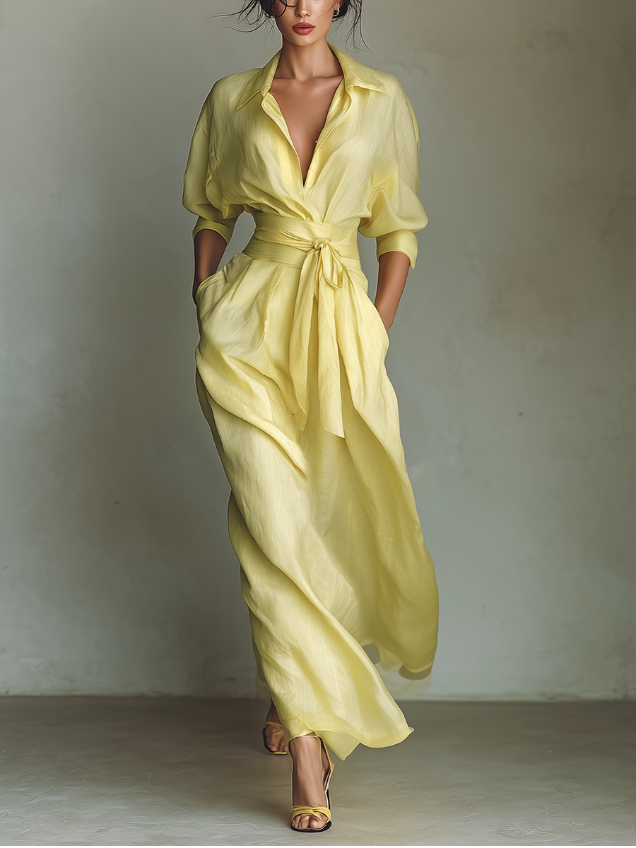 Collared Deep V-Neck Tie Waist Flowy Maxi Shirt Dress