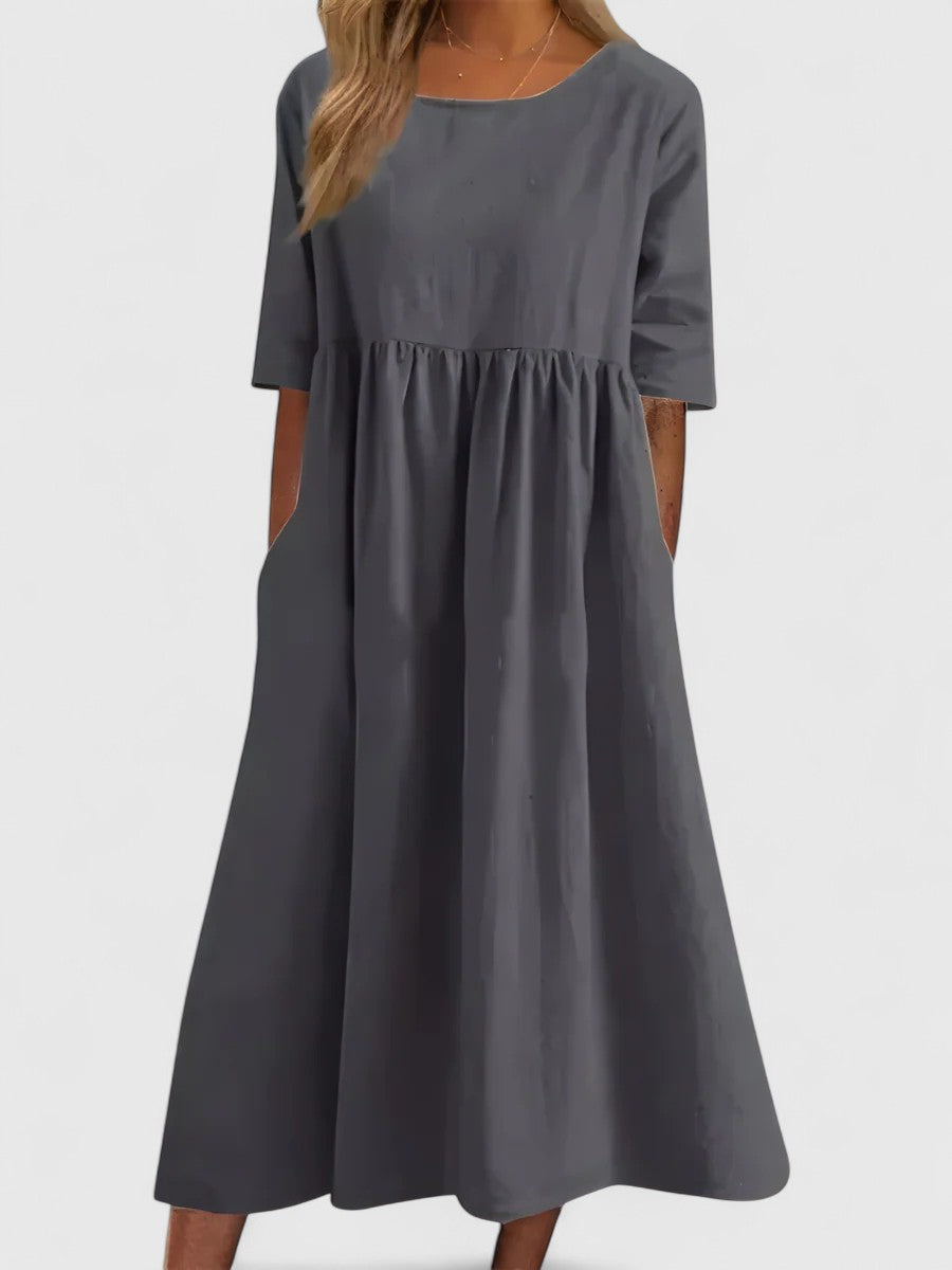 Scoop Neck Short Sleeve Pocket A-Line Midi Dress 3