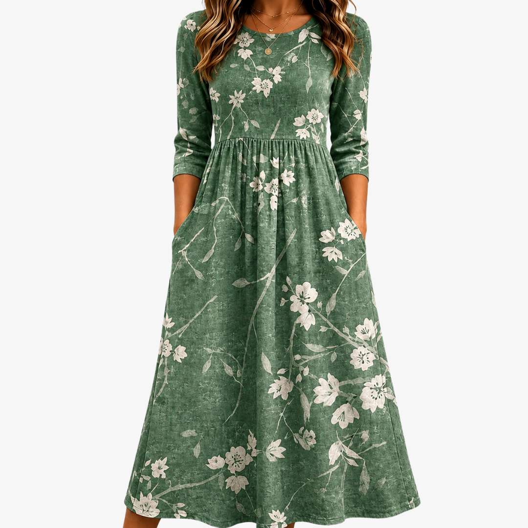 Floral Print Crew Neck Pocket A-Line Midi Dress