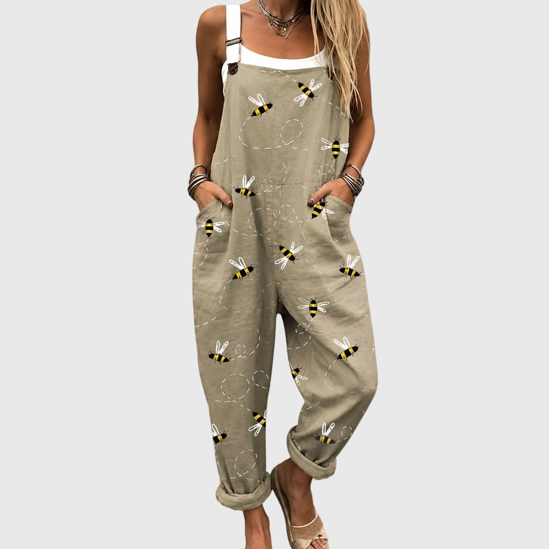 Bee Print Pocket Wide Leg Overall Jumpsuit
