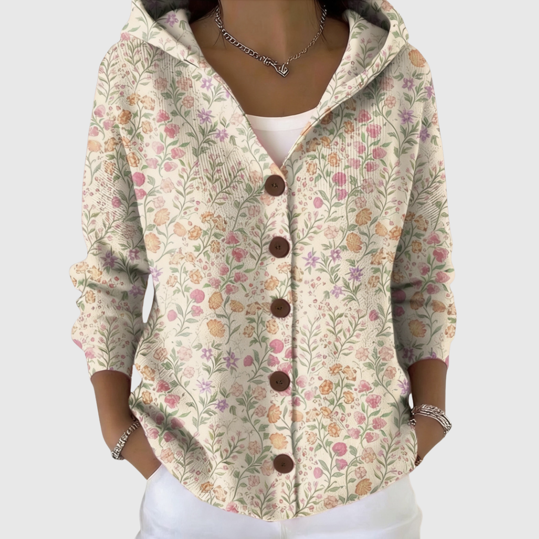 Ditsy Floral Print Hooded Button Front Knit Cardigan