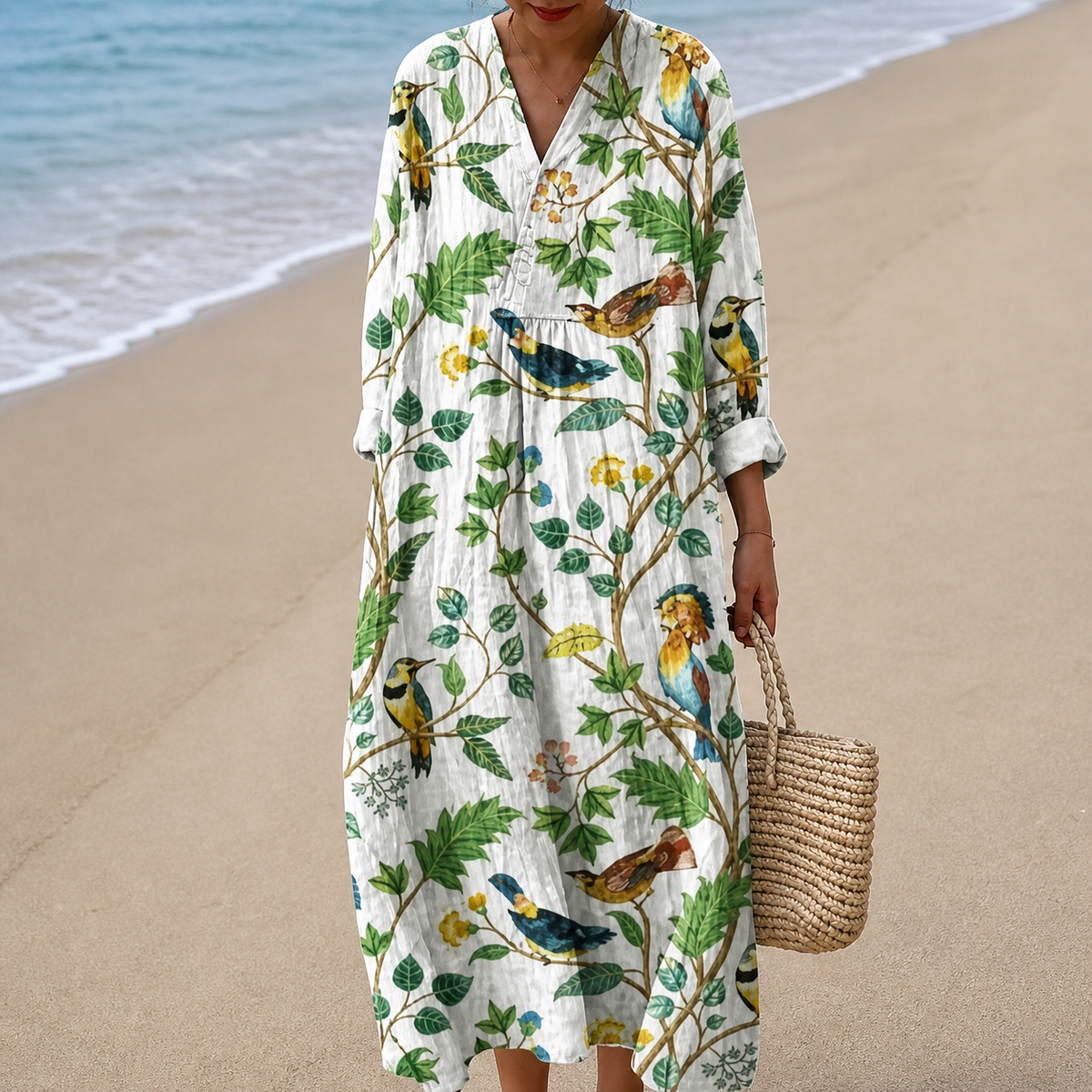 Bird Floral Print V-Neck Long Sleeve Maxi Dress