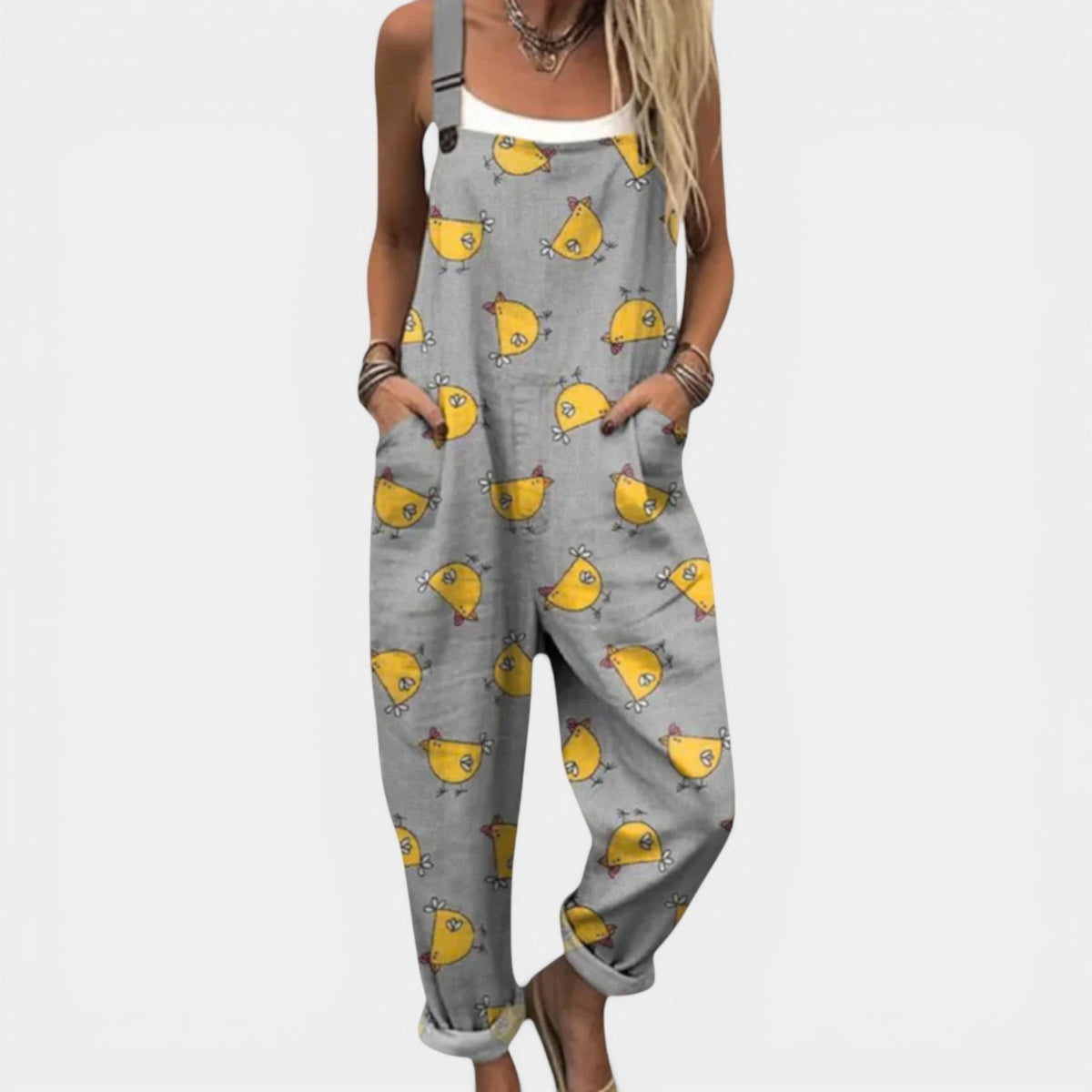 Chick Print Square Neck Pocket Overall Jumpsuit