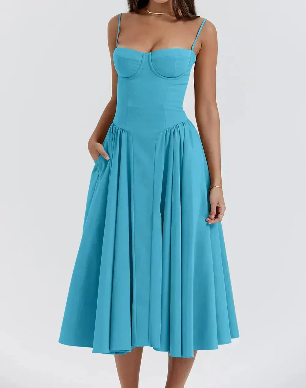 Spaghetti Strap Sweetheart Corset Fit and Flare Midi Dress 31